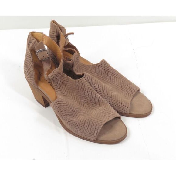 Lucky Brand Baxley Perforated Leather Sandals Block Heel Peep Toe Taupe Women 7 - Picture 1 of 8
